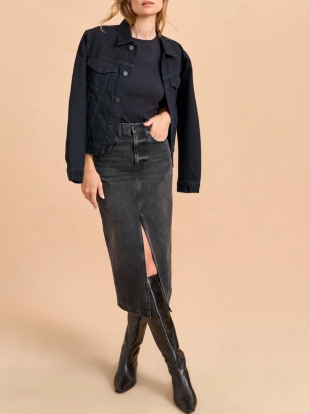 La Ligne The Kate Skirt Black Denim Jean Midi Skirt 90s